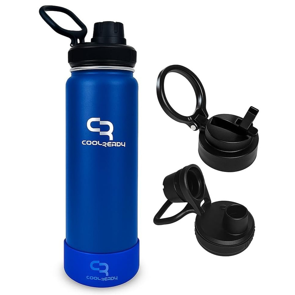 NEW 24oz Blue Stainless Steel Water Bottle Insulated Straw Spout Lid Silicone